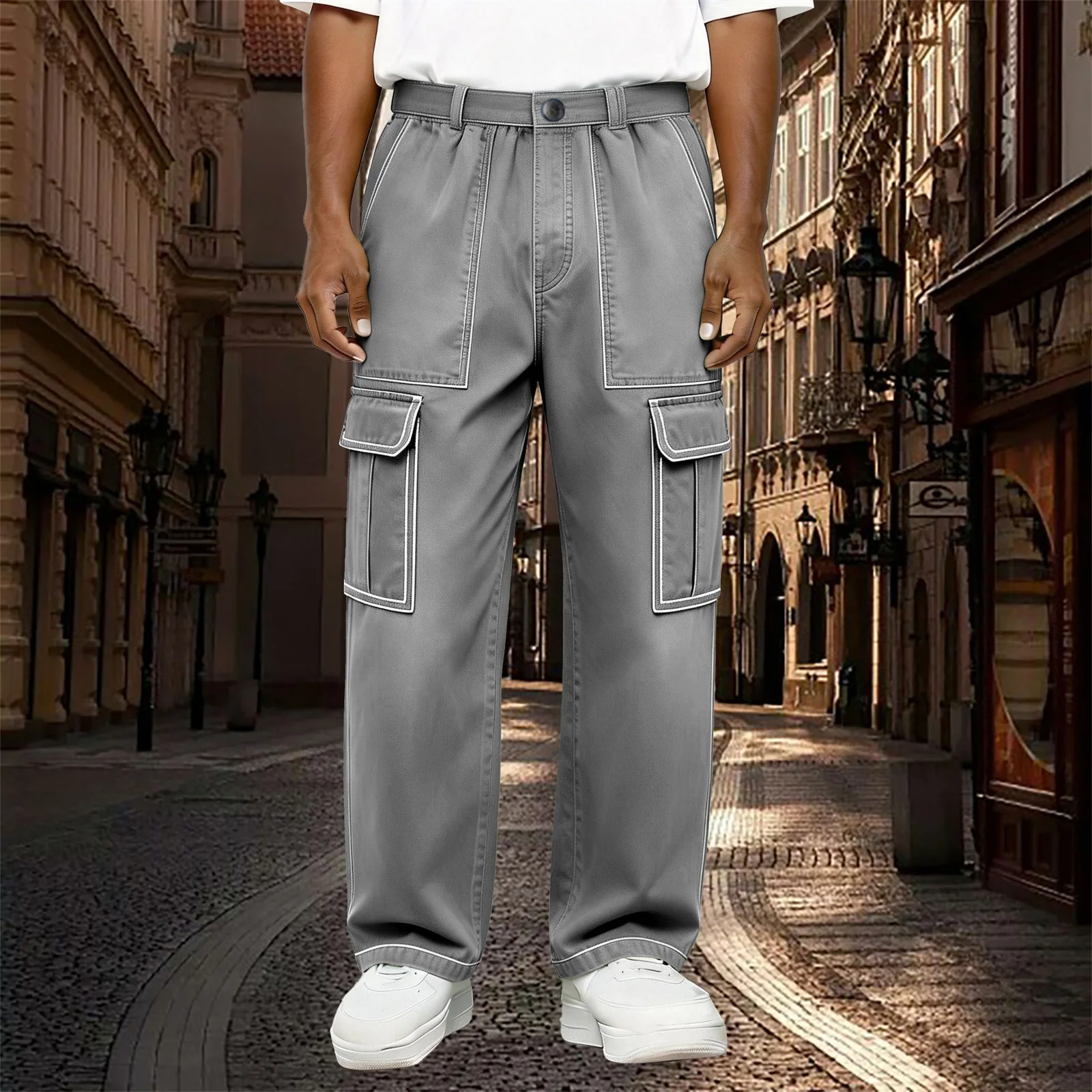 2026 New Men Spring Autumn Multi Pocket Simple Denim Long Pants Fashion Desin Versatile Casual Work Pants