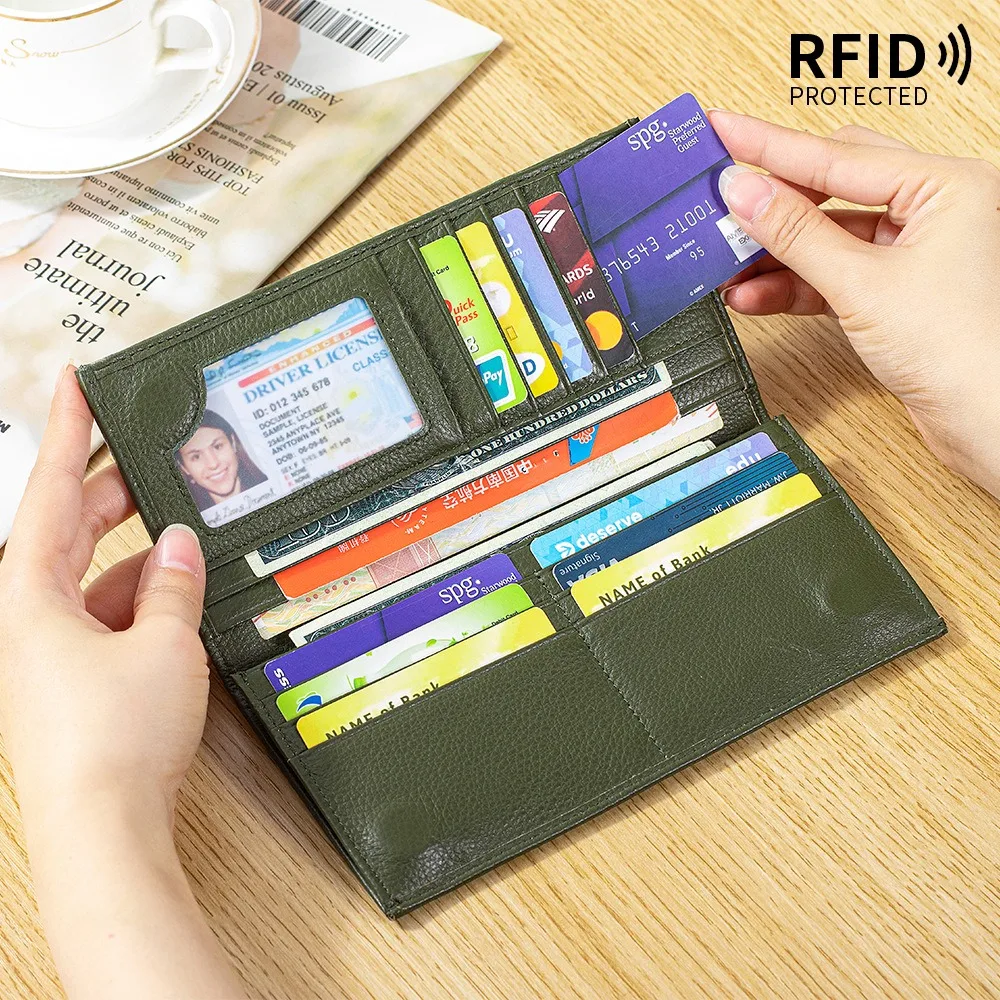 

Кожаный чехол-кошелек для чековой книжки для мужчин с защитой от RFID, мужской длинный кошелек-портмоне с 11 отделениями для карт и 1 окошком для удостоверения личности.