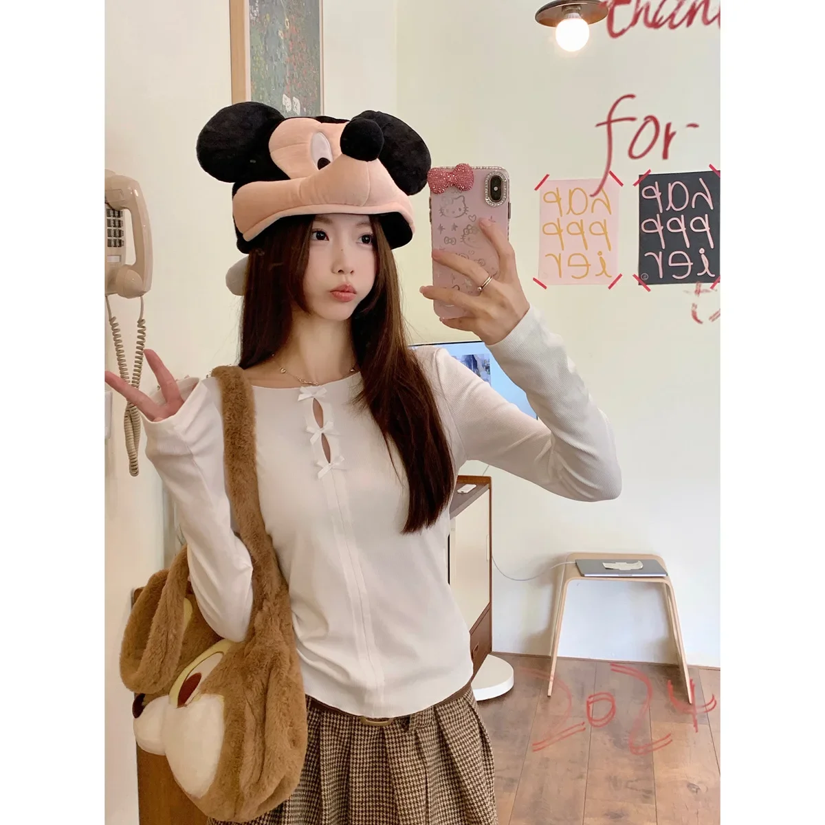 Autumn/Winter Korean Style Pure Desire Hollow Bow Design Sensibility Sweet Slimming Long Sleeve Inner T-Shirt Top