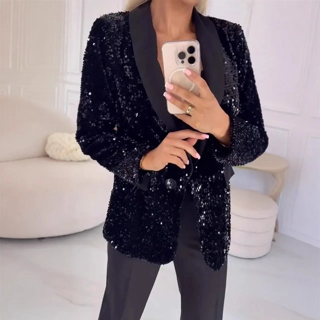 Sequined Turn Down Collar Coat Regular Fit European and American Style with Long Sleeve Sequin Decoration Street Women Jacket