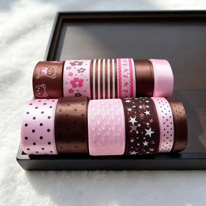 12-teiliges Set aus rosa-braunen gestreiften Bändern, Kombination aus Spitze, handgemachte Schleifen, Haaraccessoires, Geschenkverpackung, DIY-Material, Geschenk – Detail 2