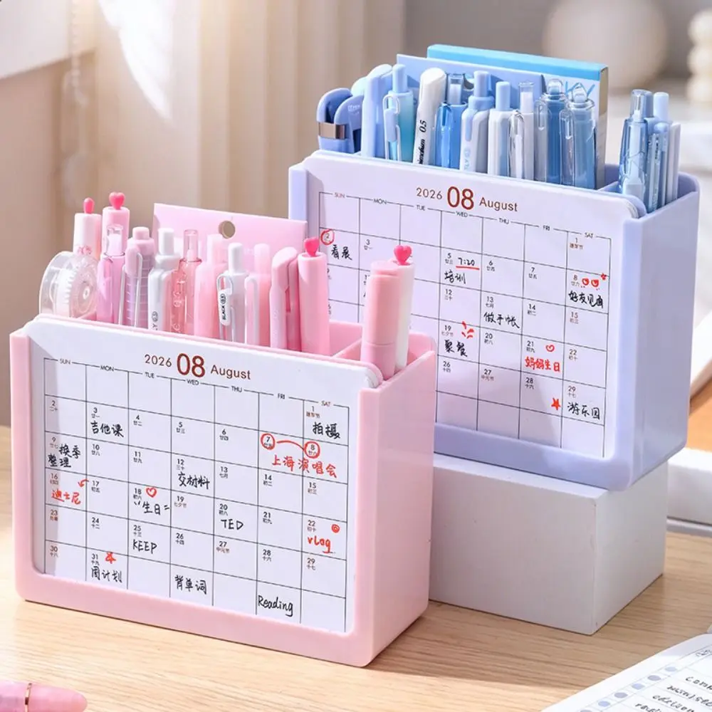 Space-Saving 2027 Desk Calendar Pen holder 3 Grids Plastic Desktop Stationery Organizer October 2026 - December 2027 Durable