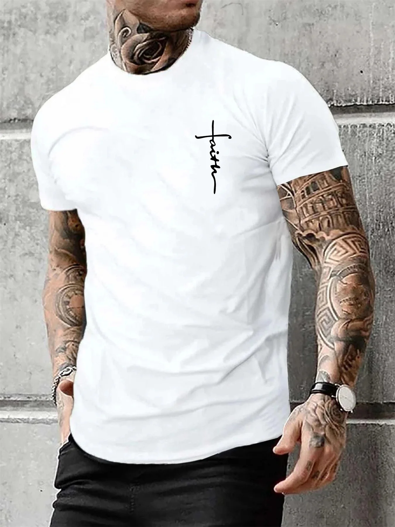 S-5XL Summer Men's 100% Pure Cotton Casual Loose Fit Plus Size Cross Faith Pattern Printed Round Neck Short Sleeved T-shirt Top