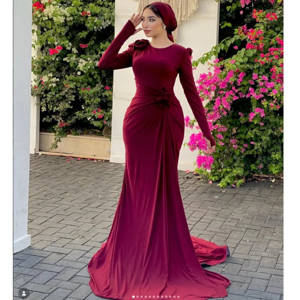 

O Neck 3D Flowers Waist Pleated Full Sleeves Evening Dress Floor Length Mermaid Prom Dresses Formal Party Dress Customized