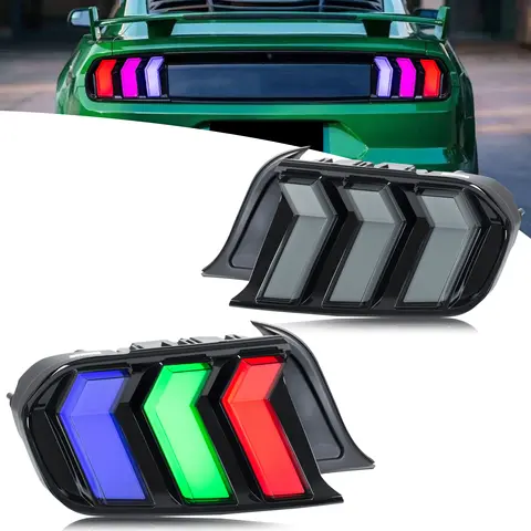 Światła tylne LED RGB do Forda Mustanga 2015-2023 GT S550 z sekwencyjnymi kierunkowskazami, zmieniające kolor, czarne tylne lampy, kompletny zestaw.