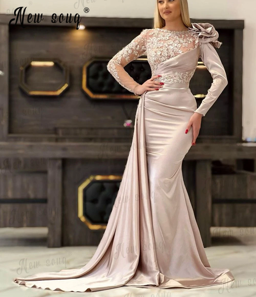 

2023 Dubai Muslim Evening Dress With Side Train Flower Lace Appliqued Wedding Party Gowns Women Engagement Dresses Plus Size