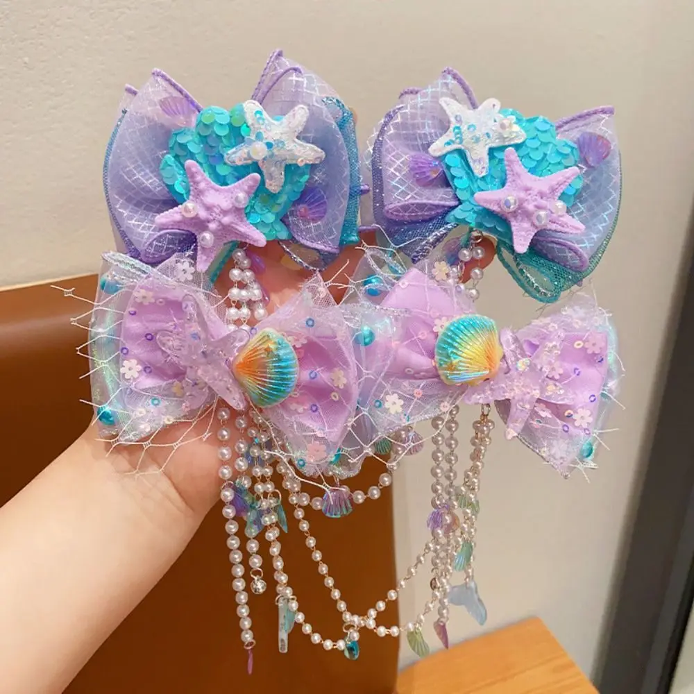 Fashion Cute Hair Clip Sweet Creative Bow Accessories Fairy Mermaid Pearl Tassel Forehead Chain for Children