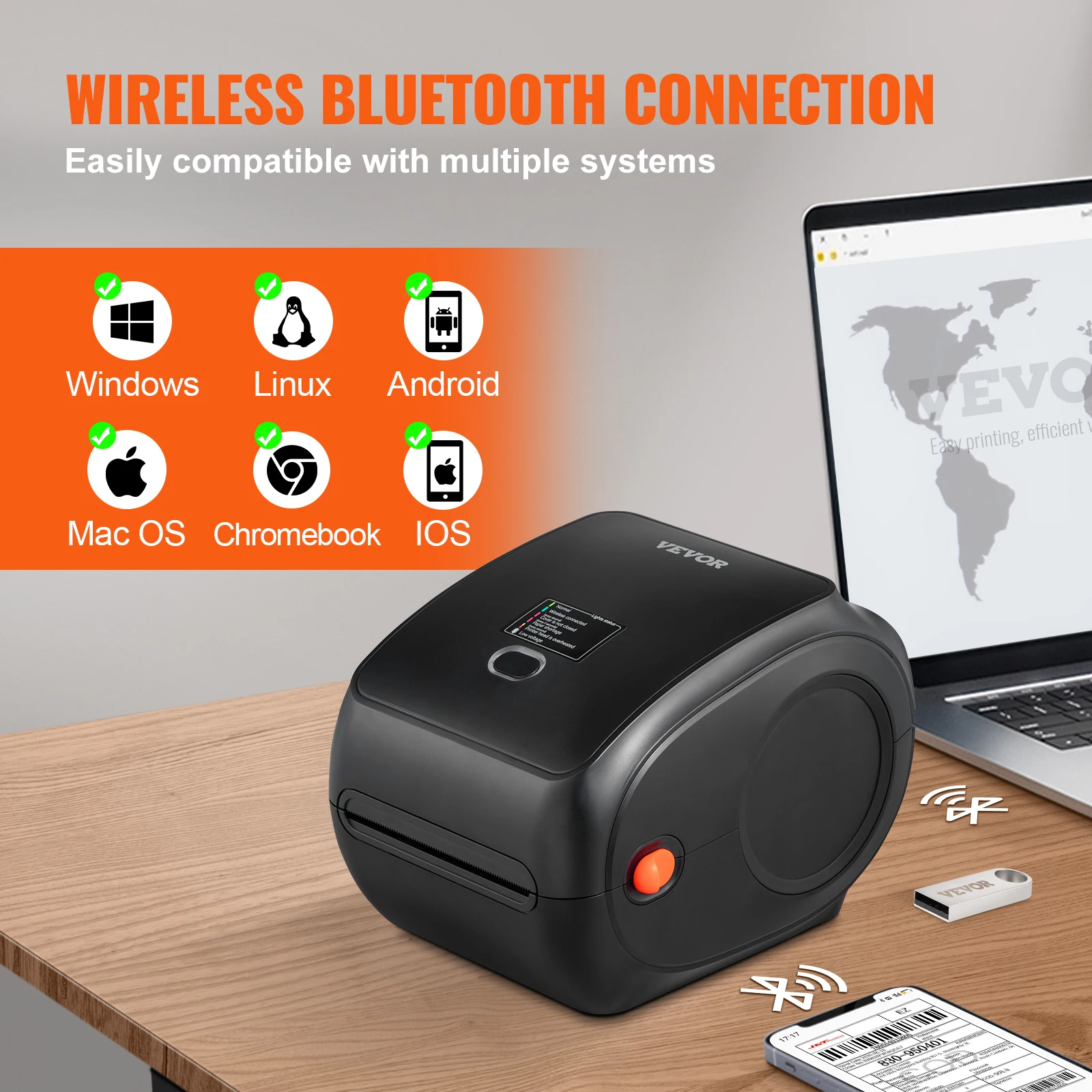 Imagem -03 - Vevor Bluetooth Impressora de Etiquetas Térmica 300dpi Usb Etiqueta Fabricante de Código de Barras Adesivo Compatível com Android Ios Windows Mac os Chromebook