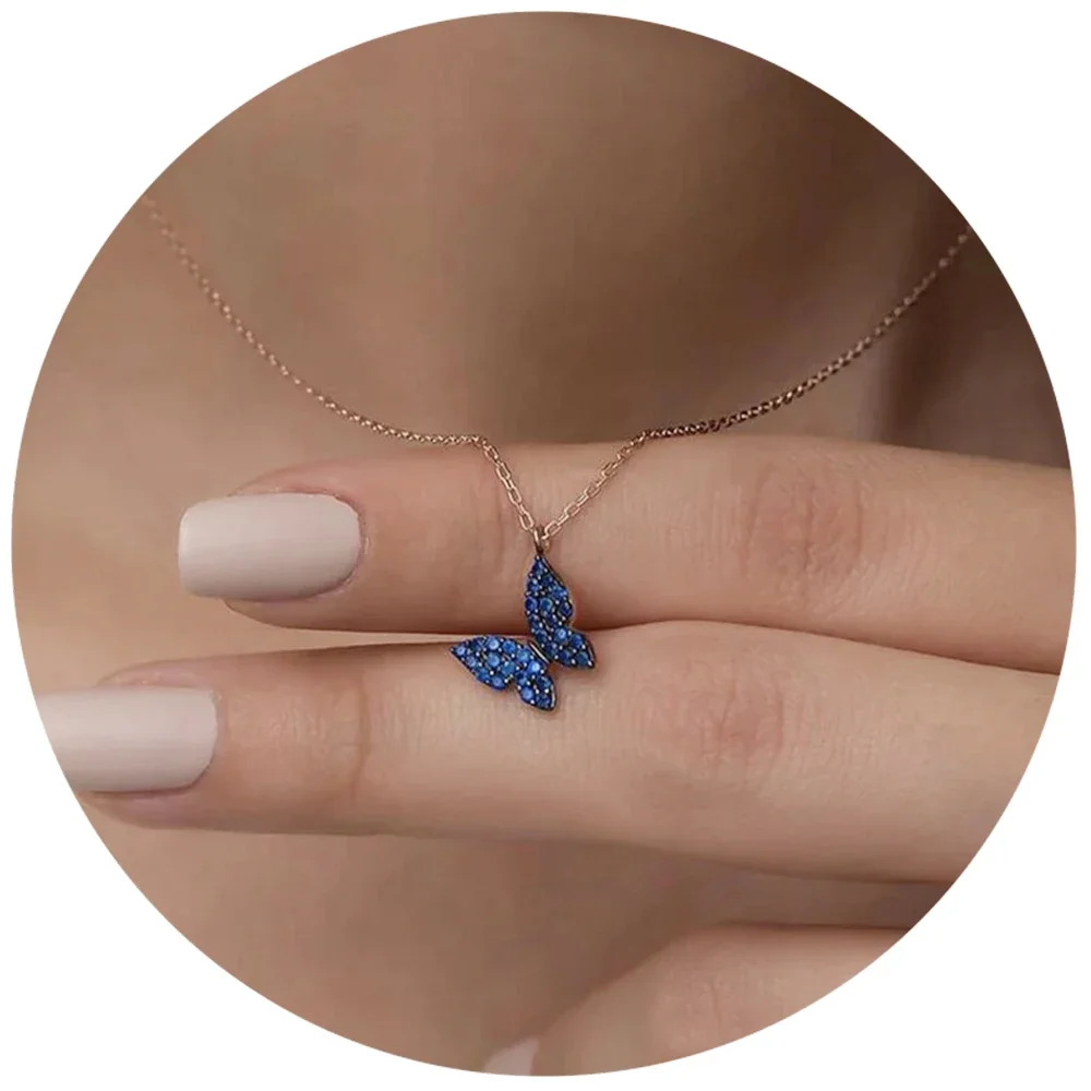 Gold CZ Blue Butterfly Pendants Necklace For Women Stainless Steel Link Chain Birthday Gift