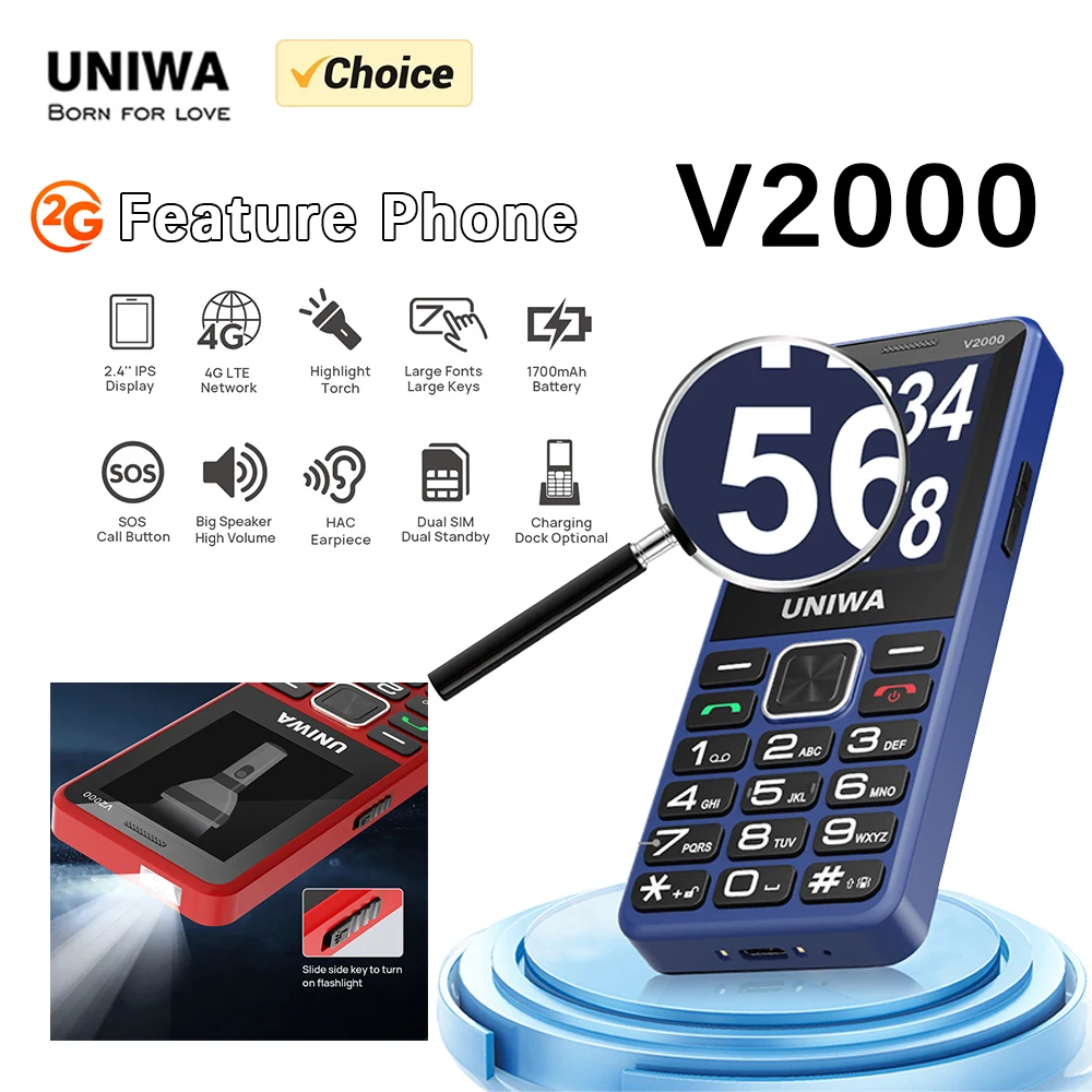 UNIWA V2000 4G Fashion Keypad Phone 2.4 Inch Big Button Loud Volume Dual SlM 1700mAh Russia Keyboard Feature Phones for Elderly