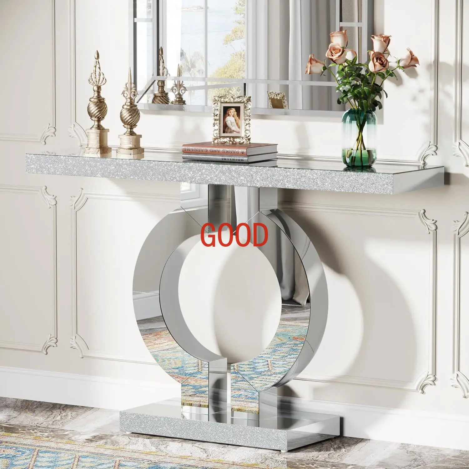 Mirrored Console Table with O-Shaped Base, 43-Inch Modern Entryway Glass Sofa Table with Mirror Finish for Living Room, Silver