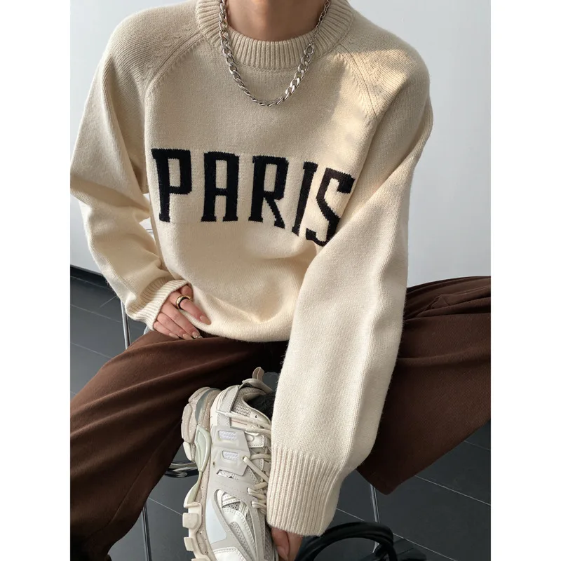 Autumn Winter Letter Raglan Sleeve Wool Sweater Women Round Neck Loose Long Sleeve Knit Jumpers