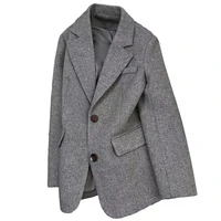 Grey Herringbone Pattern Woolen Suit Jacket for Women 2026 New Autumn Winter Retro Commuting Casual Top Female Single Breasted 2