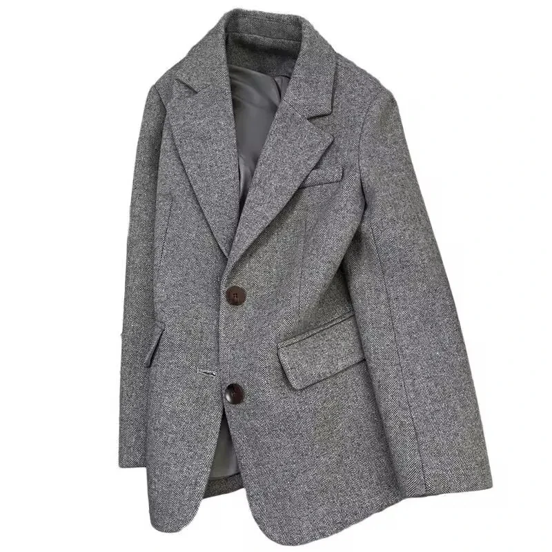 Grey Herringbone Pattern Woolen Suit Jacket for Women 2026 New Autumn Winter Retro Commuting Casual Top Female Single Breasted