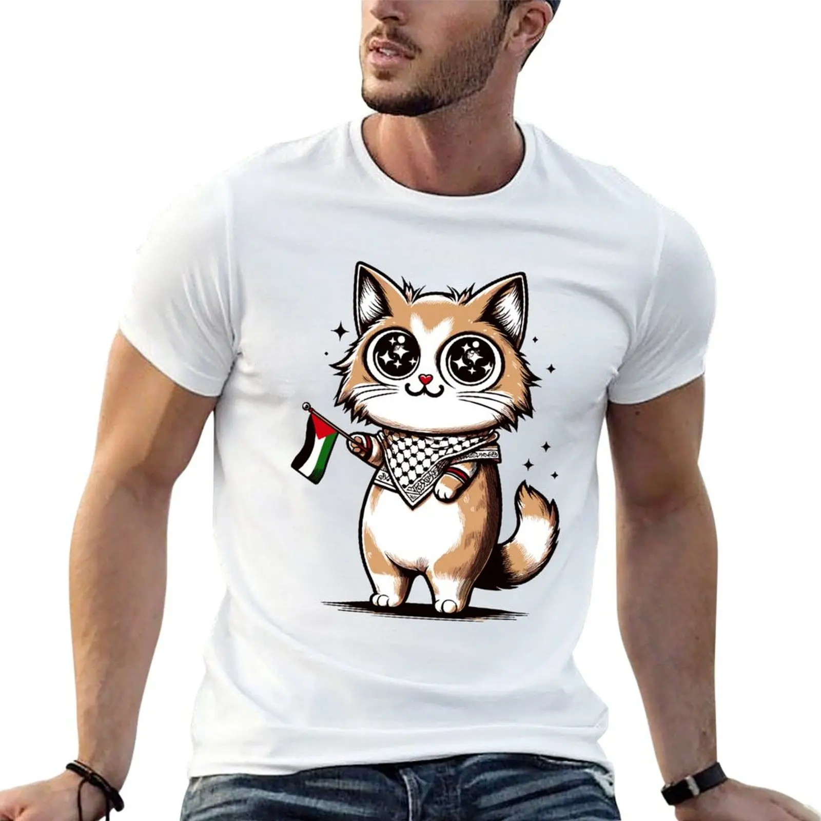 T-shirt Moustache al-Quds: un ambassadeur félin de la paix, t-shirts graphiques pour hommes, pack de t-shirts en coton