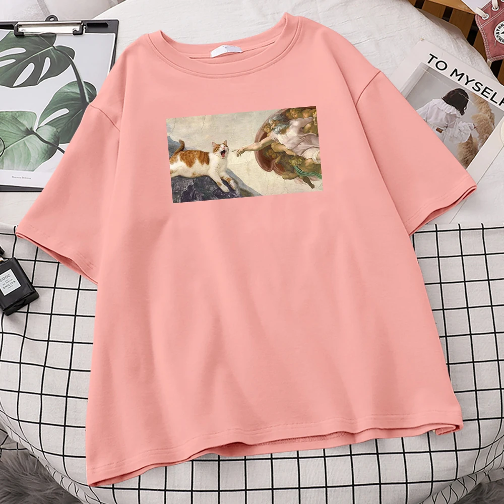 The Creation Of Adam Picture Print T-Shirts Women Fitted Simplicity Tops Crew Neck Clothes Aesthetic Oversize T-Shirts For Women