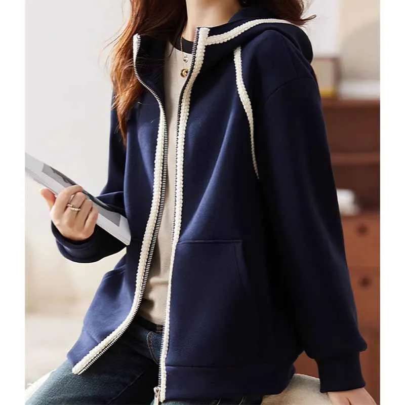 ผู้หญิงยุโรปแฟชั่นสั้นหลวม Lady Leisure Hooded Outwear ฤดูใบไม้ผลิฤดูใบไม้ร่วงหญิง Splicing Together เสื้อแขนยาว