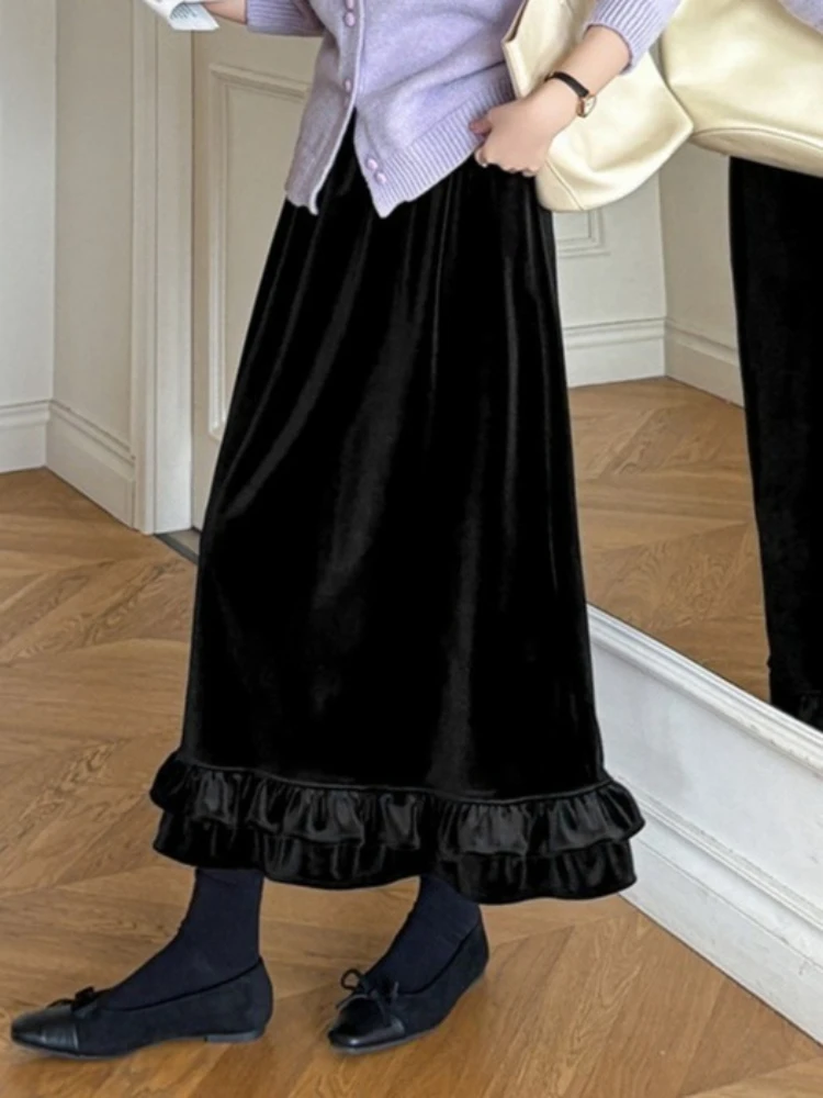 REALEFT Autumn Winter Vintage Dots Printed Thicken Velvet Women's A-line Skirts High Waist Casual Loose Umbrella Skirts Female