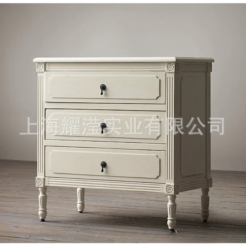 American solid wood bedside table custom furniture simple bedroom log oak engraved three drawer storage cabinet