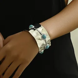 KMVEXO Antique Silver Tone Gypsy Metal Carving Cuff Bracelets& Bangles For Women Bohemian Turquoise Beaded Bangle Jewelry Gifts
