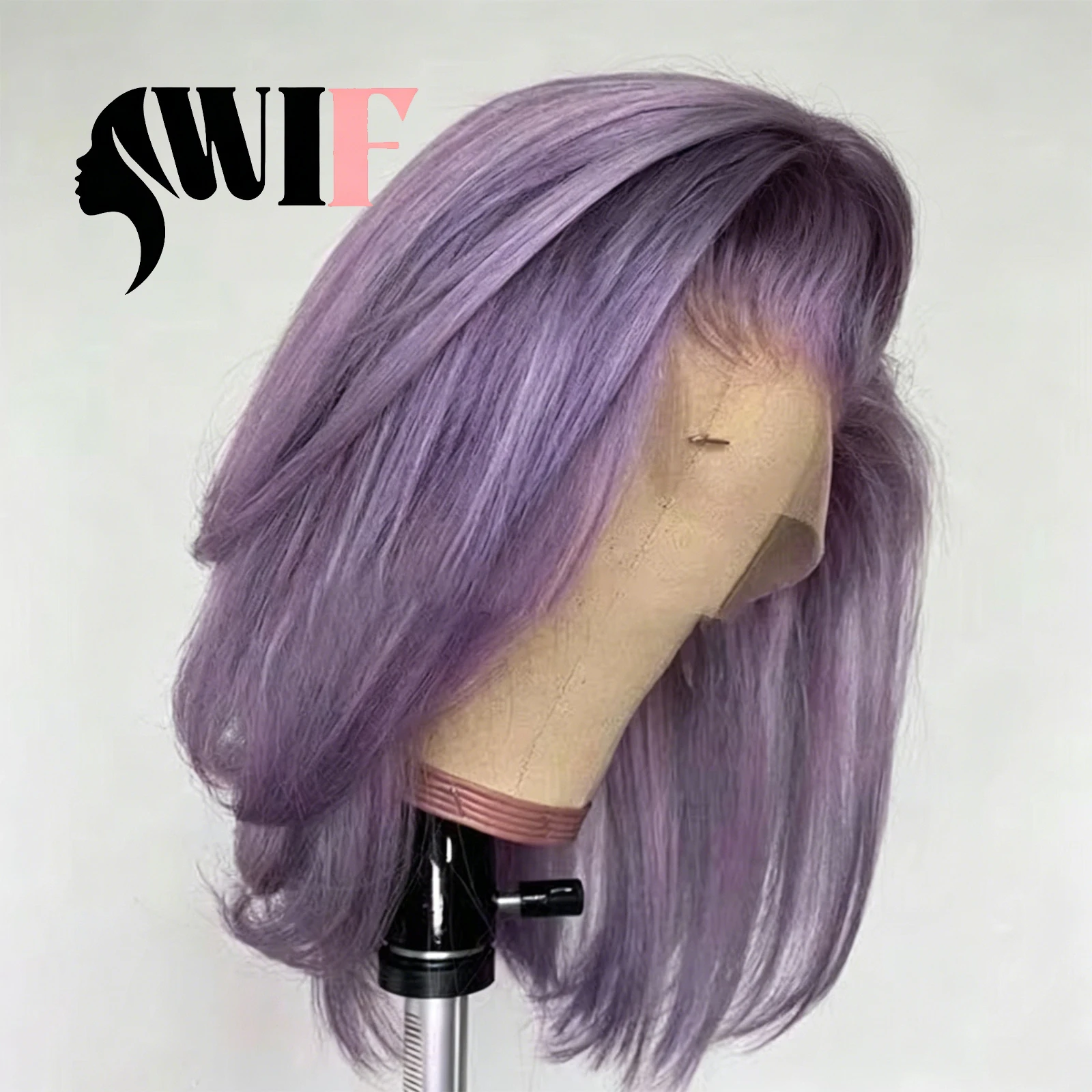 WIF Purple Bob Synthetic Lace Wig Short Bob Natural Straight Side Part Lace Front Wig Ash Purple Cosplay Use Women Bob Hair