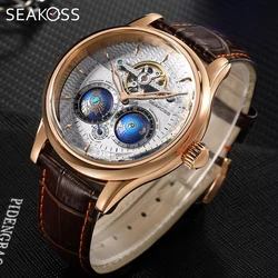 SEAKOSS Male Dual Earth Rotating Mechanical Men's Watch Automatic Movement Waterproof Clock Pilots 1963 Flywheel Wristwatches
