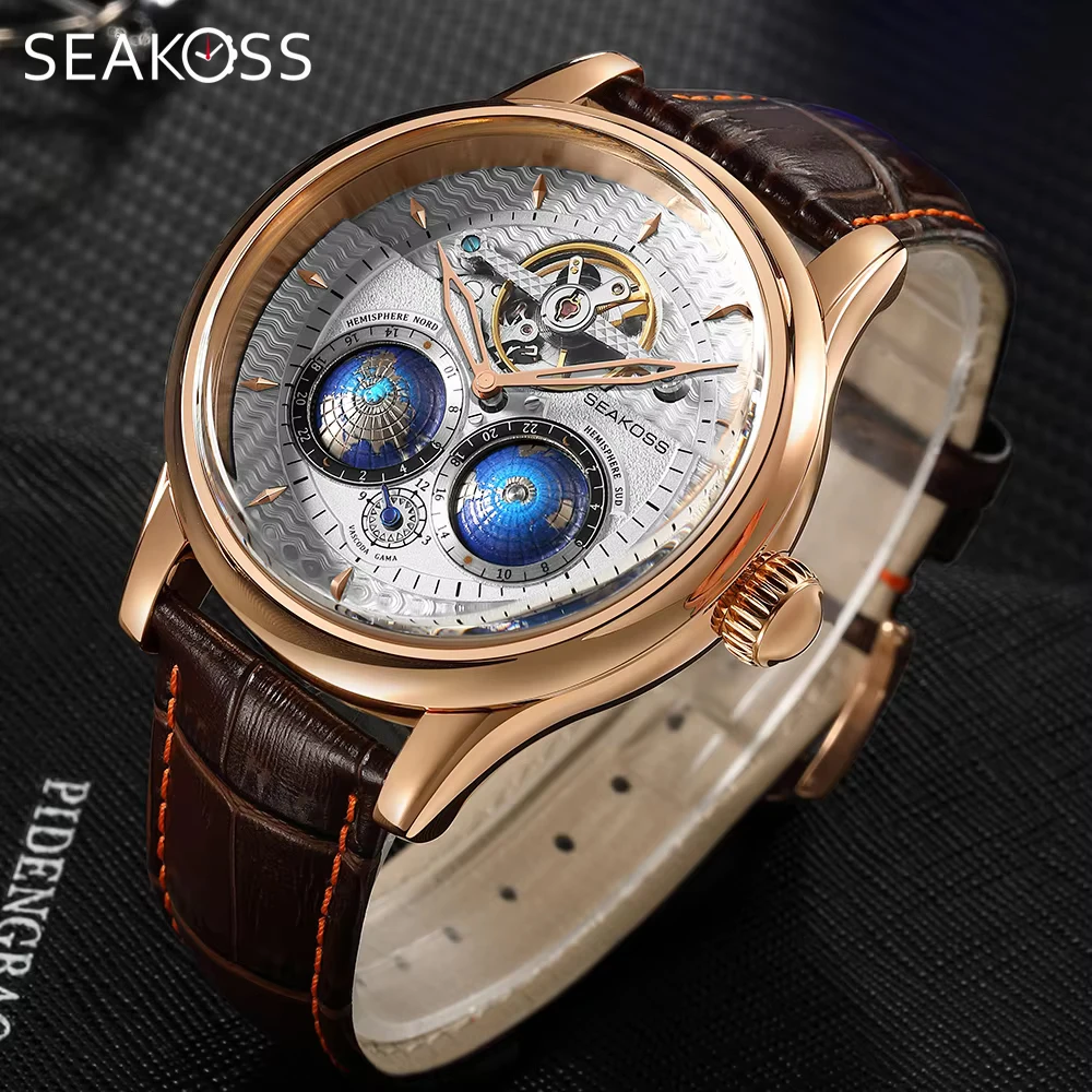 SEAKOSS Male Dual Earth Rotating Mechanical Men's Watch Automatic Movement Waterproof Clock Pilots 1963 Flywheel Wristwatches
