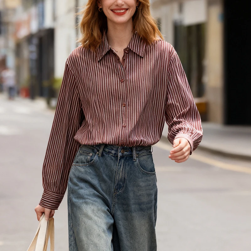 Lockeres, schlankes, gestreiftes Damenhemd mit Umlegekragen, langen Ärmeln, einreihig, elegantes und vielseitiges Alltagsoberteil für Damen
