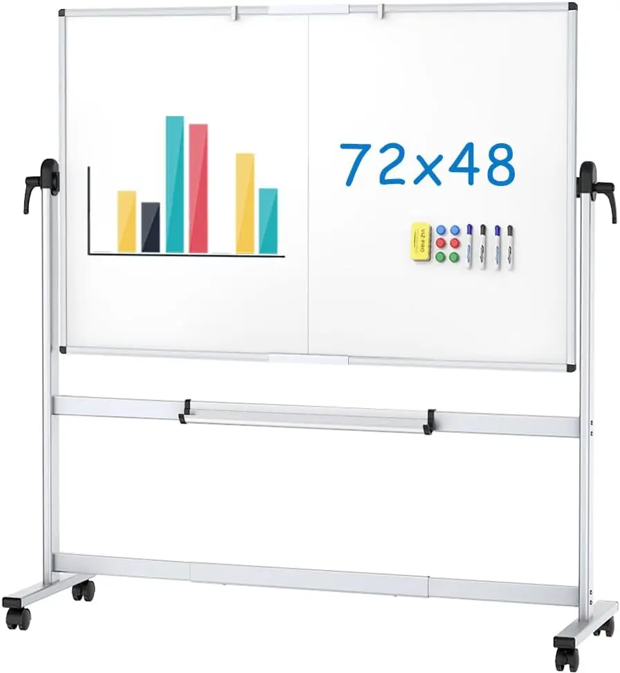 

Double-Sided Mobile Whiteboard, 72 x 48 Inches, Magnetic Rolling Dry Erase White Board on Wheels with Aluminium Frame and Stand