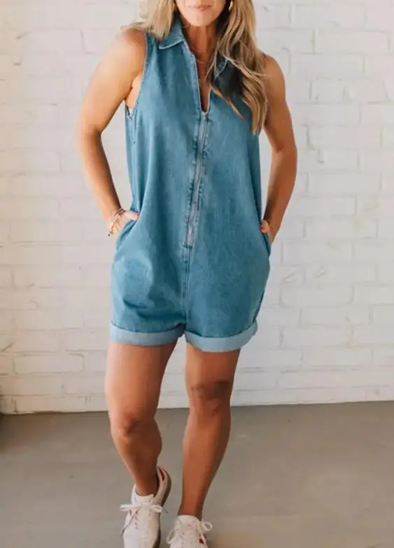 

Jumpsuit Women 2025 Spring Summer New Solid Color Pocket Design Turn-Down Collar Sleeveless Half Zipper Casual Cowboy Romper