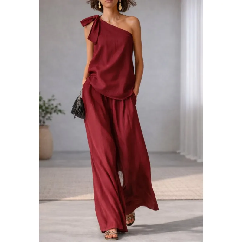 

Casual Loose Summer Pants Set 2026 One Shoulder Single Strap Sleeveless Top+Wide Leg Pants Women's Casual Sportswear 2-piece Set