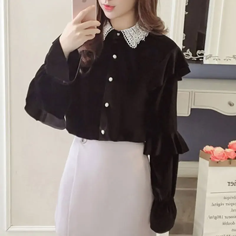 Sweet Ruffles Spliced Velvet Shirt Women\'s Clothing Commute Lace Lapel Autumn Winter Solid Color Elegant Single-breasted Blouse