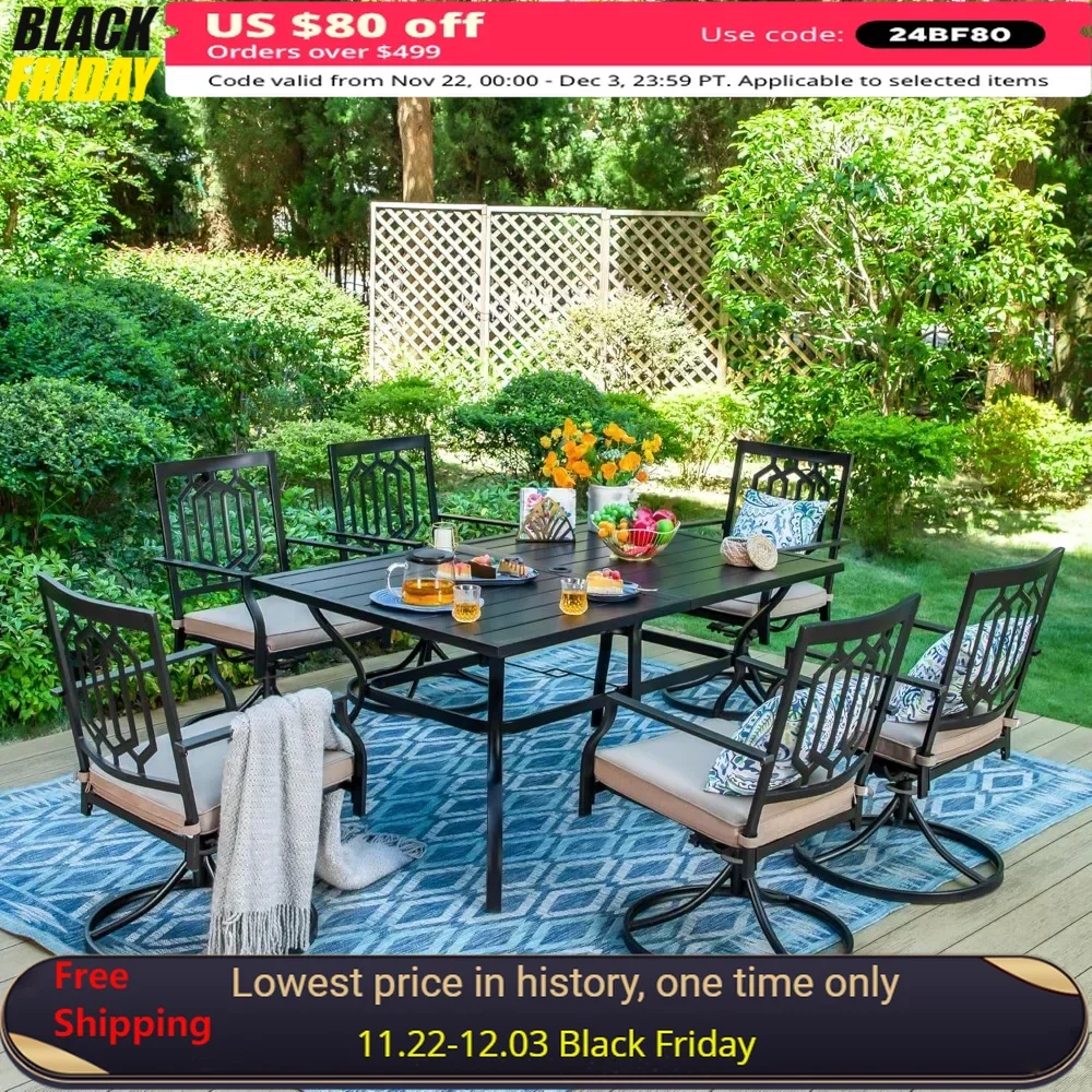 Outdoor Furniture Set,with 1 Rectangular Metal Umbrella Table 6 Person for Outdoor Lawn Garden,7 Pieces Patio Dining Sets