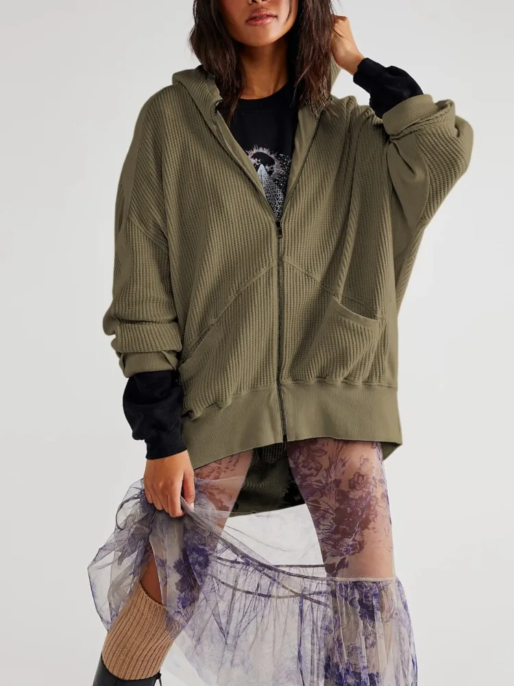 Herbst Und Winter Waffel Strickjacke Zipper Straße Mit Kapuze Sweatshirt frauen Faul Stil Lose Einfarbig Lange-ärmeln Jacke tops
