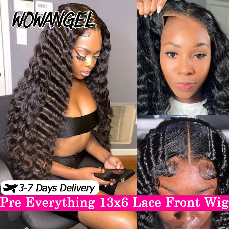 Perruques Deep Wave Lace Front Wig sans colle brésiliennes, cheveux naturels, peau fondue, cuir chevelu naturel, 13x6 HD, 250% pre-tout