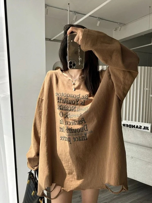 

plus Size 300 Pou Trendy Lazy Sle Bot f Missing Faion Top Women Autumn Medium Length Slimming T-irt