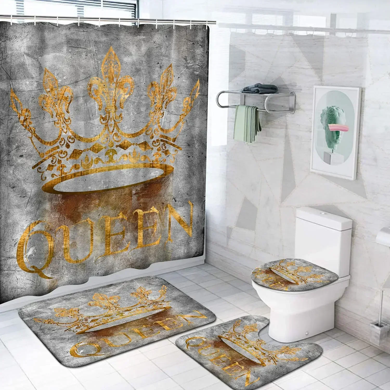 Luxury Gold Crown Queen Shower Curtain Set Noble Royal Vintage Baroque Style Rustic Wooden Board Waterproof Bathroom  Decor