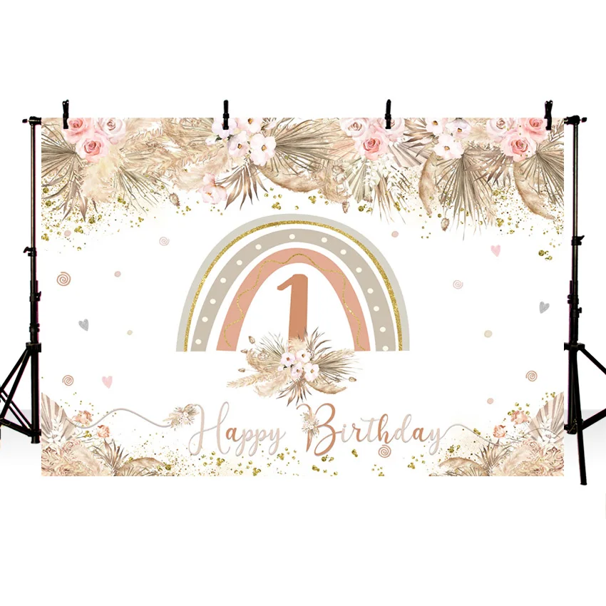 보헤미안 레인보우 소녀 첫 번째 생일 배경, 보헤미안 꽃 장식 핑크 러브 배너 사진 배경 사진 스튜디오 포토부스