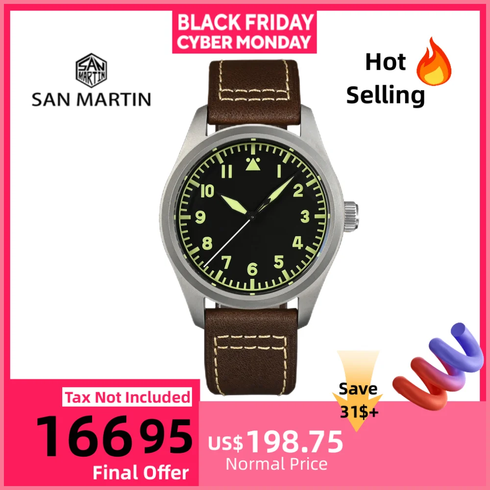 

San Martin Pilot Титановые военные энтузиасты YN55 Автоматические механические мужские часы с кожаным ремешком Водонепроницаемые светящиеся SN0030T