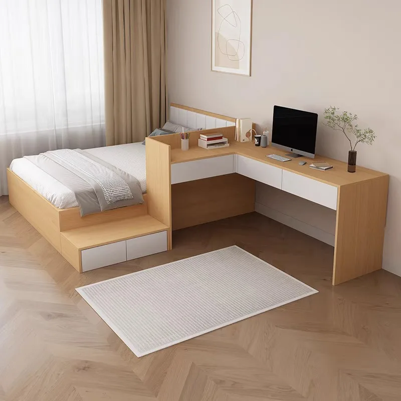 Small Apartment High Box Bed Step Corner Desk Integrated Bedroom Tatami Bed with Writing Table Cabinet Combination