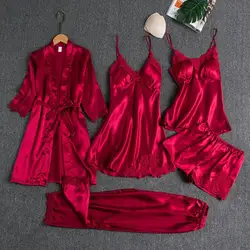 5Pcs/Set Women Pajamas Set Nightgown Nightdress Silky Satin Lace Patchwork Loose Lace-up Waist Thin Women Homewear Sleepwear Set