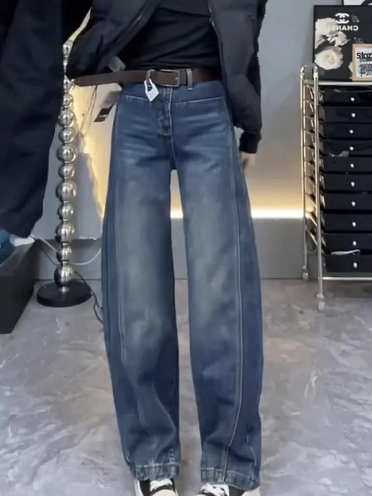 حجم كبير واسعة الساق الجينز التخسيس المرأة Faion الخريف جديد الكمثرى القرد الجسم سكين السراويل الموز السراويل السراويل الطويلة