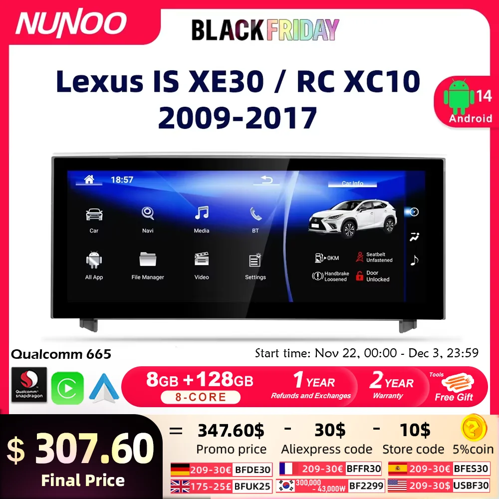 Nunoo Android 14 Wireless Carplay Auto Radio For Lexus IS RC 200 250 300 350 200t 300h Multimedia Player Navigation GPS DSP