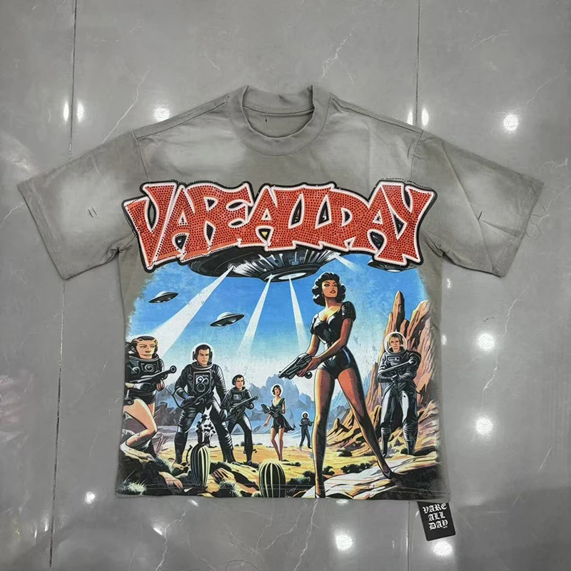 Y2K Vintage Washed Street VARE ALL DAY T-shirt Loose Short Sleeve Hip Hop Style Stitched Diamond Graphic Print Tees