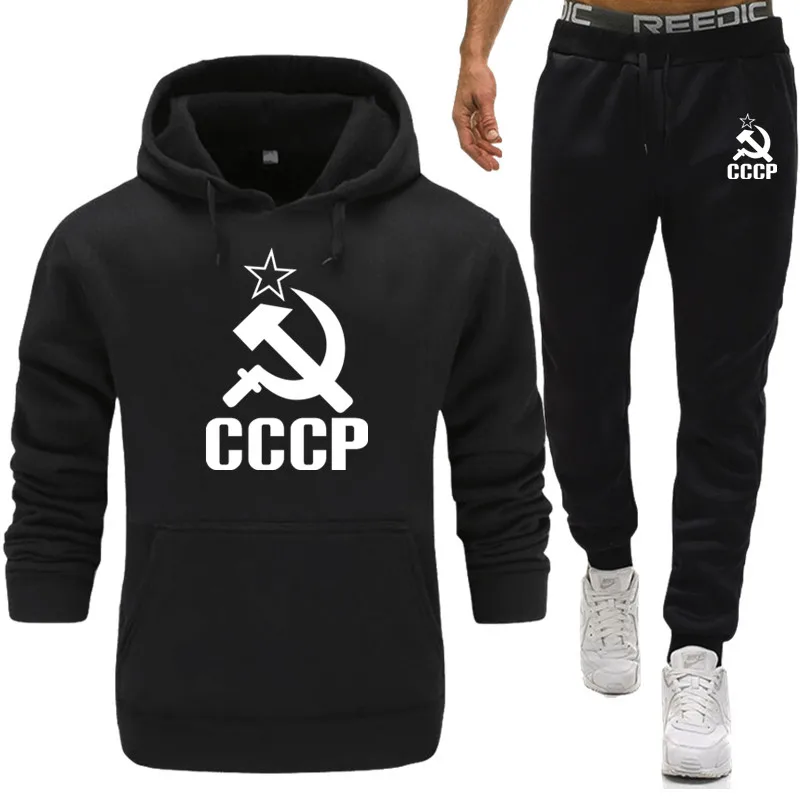 Hot Causal Mens Tracksuit Unique CCCP Russian USSR Soviet Union 2 piece Fleece Thick Set Long Sleeve Sportwear Suit Male Sets