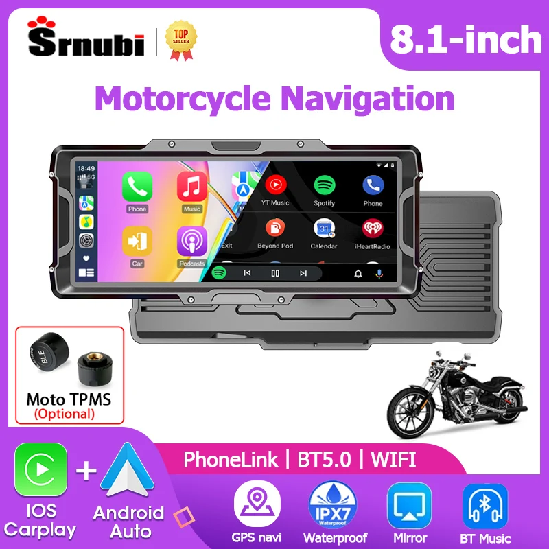 

Srnubi 8.1-inch Motorcycle Player Navigation GPS Wireless Carplay Android Auto Wireless Moto Monitor with TPMS Sensor Helmet BT