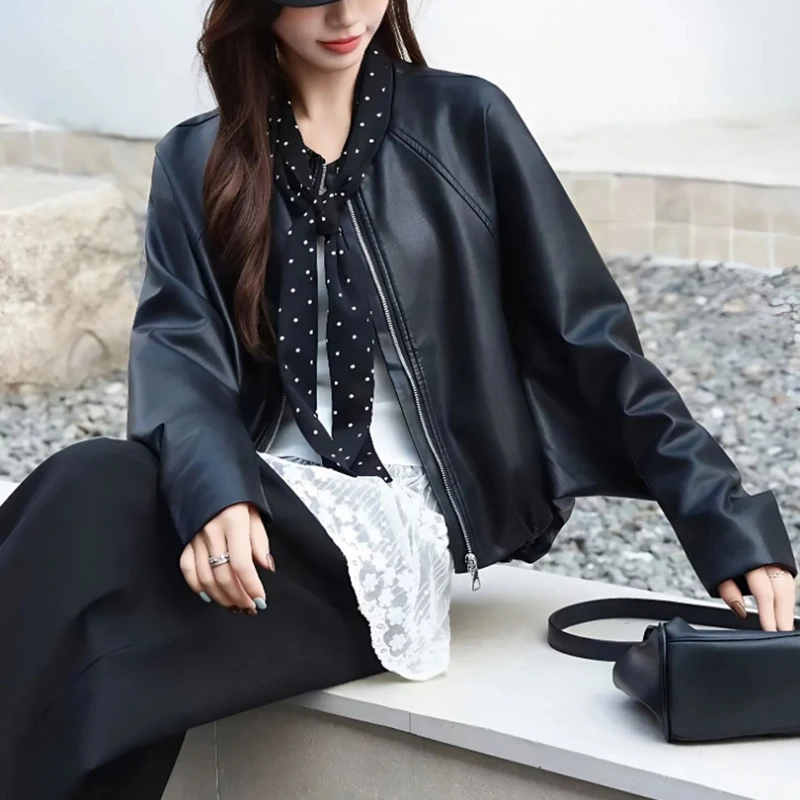 Women Korean Pu Leater Jacket Silk Scarf Elegant Fall Winter Coat Street Casual Batwing Sleeve O Neck Outwear Harajuku Y2K Top