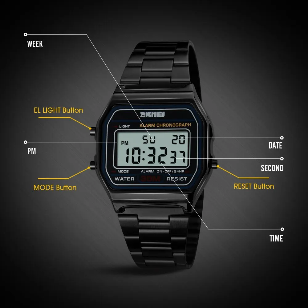 Skmei Top Brand Luxury Stainless Steel Chrono Sport Watches Men Back Light Display Digital Wristwatch 3Bar Waterproof Reloj Hom