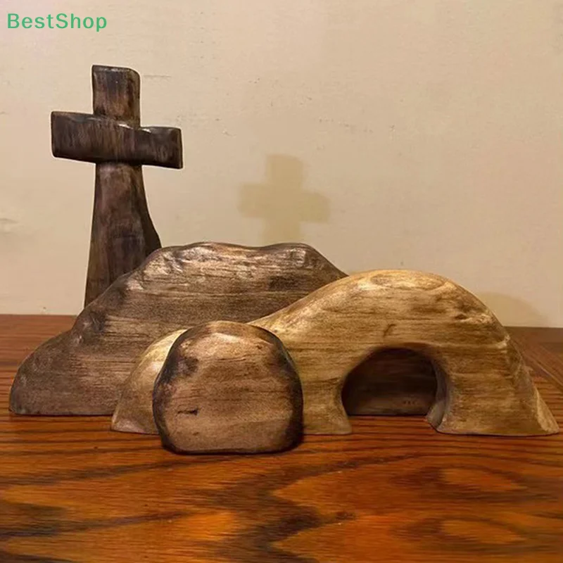 4pcs/set Wooden Easter Tomb Scene Jesus Nativity Scene Wooden Cross Empty Tomb Statue Set Easy Assemble Easter Decor