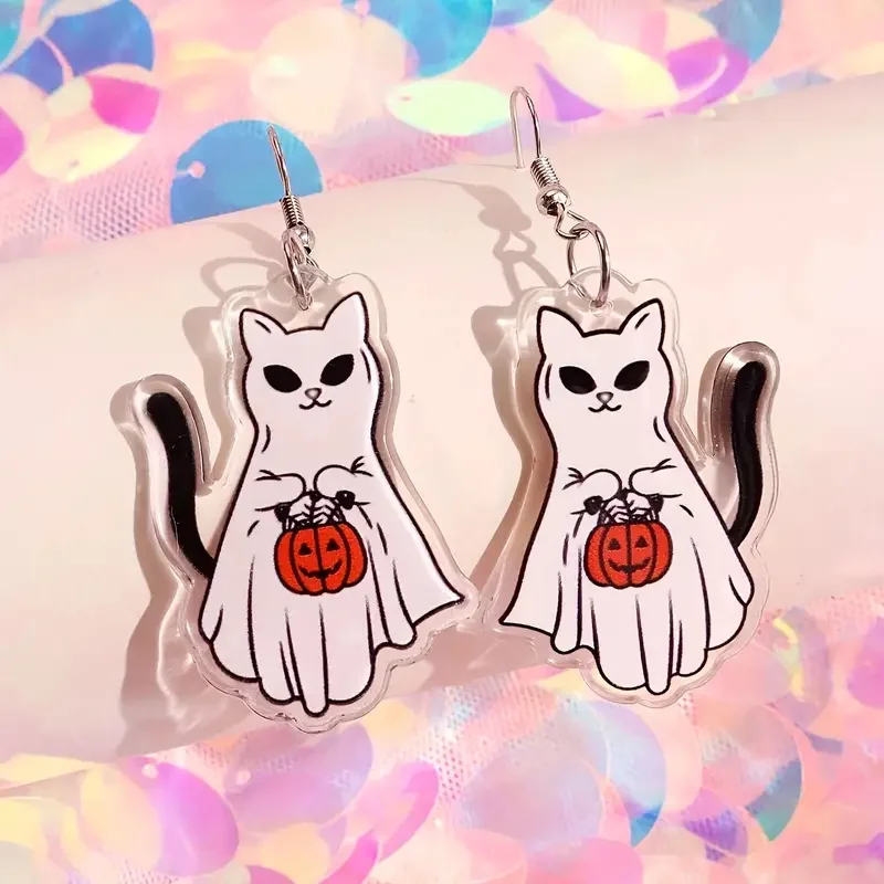 Cute Cat Ghost Design Dangle Earrings Simple Leisure Style Alloy Jewelry Creative Halloween Ghost Festival Ear Ornaments